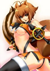  1girl animal_ears antenna_hair arc_system_works blazblue blazblue:_continuum_shift boots breasts brown_hair highres large_breasts makoto_nanaya midriff navel orange_skirt revealing_clothes short_hair skirt solo squirrel_ears squirrel_tail tail thigh_boots thighhighs tonfa underboob weapon yuriyuri_(ccc)  rating:Questionable score:64 user:gameboysp13