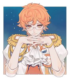  1boy ao_(ao0_0nemu) ascot bad_id bad_twitter_id blue_background bracelet closed_mouth commentary_request cropped_torso epaulettes gendou_pose glasses hands_clasped hands_up highres interlocked_fingers jacket jewelry juuouin_kakeru king_of_prism long_sleeves looking_at_viewer male_focus orange_eyes orange_hair own_hands_clasped own_hands_together pretty_rhythm pretty_series short_hair smile solo upper_body white_ascot white_jacket 