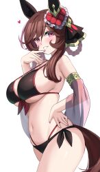  1girl animal_ears bikini black_bikini blush breasts brown_hair commentary_request cowboy_shot detached_sleeves ear_ornament fingernails from_side gentildonna_(umamusume) hair_ornament hair_rings hand_on_own_hip heart heart_hair_ornament highleg highleg_bikini highres horse_ears horse_girl horse_tail kibihimi large_breasts looking_at_viewer nail_polish navel pink_eyes pink_nails side-tie_bikini_bottom sidelocks simple_background smile solo stomach swimsuit tail umamusume white_background 