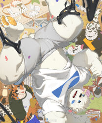 3boys absurdres ajin_(hirainaoto1) bara bear_boy birthday blurry blush bulge cake confetti depth_of_field food from_above highres large_pectorals looking_at_another male_focus midriff_peek multiple_boys muscular muscular_male navel original party pectorals raglan_sleeves short_hair shorts slime_(substance) stuffed_animal stuffed_toy teddy_bear thick_thighs thighs tiger_boy upside-down white_fur