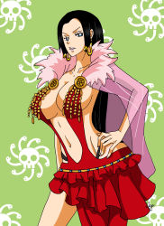  1girl absurdres amazon_warrior black_hair blue_eyes boa_hancock breasts cleavage dress earrings female_focus highres jewelry kuja large_breasts legs lipstick long_hair long_skirt looking_at_viewer makeup one_piece red_dress sideboob skirt skull solo  rating:Sensitive score:15 user:Namuzza94