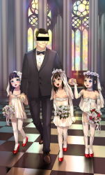  1boy 3girls a-801 age_difference bare_shoulders black_hair black_suit blush bouquet bow bowtie breasts bridal_veil bride brown_eyes brown_hair censored child_bride choker collar collarbone dress elbow_gloves eyebrows eyelashes eyeliner eyeshadow flat_chest flower flower_wreath forehead formal frilled_collar frills full_body garter_belt garter_straps gloves groin hair_flower hair_ornament high_heels highres hime_cut holding holding_bouquet holding_flower holding_hands identity_censor indoors lips lipstick loli loli_harem long_hair makeup multiple_girls nipples no_panties nose open_mouth original pink_lips red_footwear shiny_skin shoes short_hair small_breasts smile standing suit teeth thighhighs tile_floor tiles tongue upper_teeth_only veil walking wedding_dress white_dress white_gloves white_legwear window  rating:Questionable score:520 user:Domestic_Importer