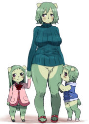  1boy 2girls :3 agemono animal_ears blush bottomless breasts child furry green_hair hair_over_one_eye holding_hands hip_focus hood hoodie jacket large_breasts long_hair mole mother_and_daughter mother_and_son multiple_girls original red_eyes ribbed_sweater sandals short_hair smile sweater tail wanko_(agemono) wide_hips  rating:Sensitive score:59 user:BlueBaroness