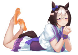 1girl absurdres animal_ears barefoot black_vest braid breasts brown_hair closed_mouth collarbone commentary_request cropped_jacket feet foot_focus furaido_potato greek_toe hair_between_eyes half-closed_eyes highres horse_ears horse_girl jacket looking_at_viewer lying medium_breasts multicolored_hair on_stomach purple_eyes shirt simple_background sitting skirt smile soles solo special_week_(umamusume) streaked_hair the_pose toes umamusume vest white_background white_jacket white_shirt white_skirt 