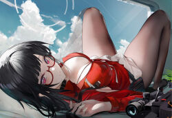 1girl black_hair blue_sky blush breasts brown_pantyhose character_request cleavage collared_shirt copyright_request glasses gun highres large_breasts long_hair long_sleeves looking_at_viewer omone_hokoma_agm pantyhose red_eyes red_shirt rifle shirt skirt sky sniper_rifle solo thighs weapon white_skirt rating:Sensitive score:26 user:danbooru