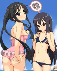  3girls :&gt; =_= adjusting_clothes adjusting_swimsuit akiyama_mio alternate_hairstyle arm_behind_back ass back bikini black_bikini black_eyes black_hair blonde_hair blue_sky blush blush_stickers breast_conscious breast_envy breast_hold breasts bursting_breasts casual_one-piece_swimsuit chibi chibi_inset cloud collarbone cosplay costume_switch covering_privates covering_breasts cup day embarrassed female_focus fingernails flat_chest frilled_swimsuit frills groin hair_between_eyes hairstyle_switch head_tilt heart highres hip_focus k-on! k10k kotobuki_tsumugi long_hair long_image looking_at_another looking_at_viewer looking_back looking_down multiple_girls nakano_azusa navel ocean one-piece_swimsuit outdoors oversized_clothes pink_one-piece_swimsuit sideboob skindentation sky small_breasts spoken_squiggle squiggle standing swimsuit tall_image teacup thigh_gap thighs twintails undersized_clothes wedgie  rating:Questionable score:208 user:danbooru