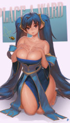 1girl :p bare_shoulders barefoot blue_eyes blue_hair breast_suppress breasts cleavage cursor curvy highres huge_breasts instant_ip kneeling league_of_legends long_hair looking_at_viewer low_neckline smile solo sona_(league_of_legends) thighs tongue tongue_out twintails very_long_hair wide_hips rating:Sensitive score:117 user:danbooru