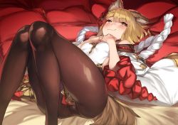  1girl 92m animal_ears ass bare_shoulders black_pantyhose blonde_hair blush braid breasts brown_eyes brown_pantyhose detached_sleeves dog_ears dog_girl dog_tail erune granblue_fantasy hair_ornament hands_on_own_chest japanese_clothes knees_together_feet_apart looking_at_viewer lying medium_breasts on_back pantyhose rope shimenawa short_hair smile solo tail thighs vajra_(granblue_fantasy) wide_sleeves  rating:Sensitive score:68 user:danbooru