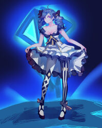0_(909059100) 1girl absurdres ahoge bare_shoulders black_bow black_dress black_footwear bow breasts collarbone detached_sleeves dress drill_hair full_body grey_dress gwen_(league_of_legends) hair_bow highres league_of_legends long_hair medium_breasts pantyhose puffy_short_sleeves puffy_sleeves short_sleeves single_leg_pantyhose single_thighhigh smile solo standing striped_clothes striped_pantyhose thighhighs twin_drills twintails rating:Sensitive score:7 user:danbooru