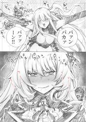  3girls :d absurdres abyssal_ship aircraft_carrier_princess ascot atago_(kancolle) beret blush breasts cleavage comic commentary_request embarrassed floating_fortress_(kancolle) full-face_blush gloves graphite_(medium) greyscale hat highres ijimeka_(meme) kantai_collection kojima_takeshi large_breasts long_hair maya_(kancolle) meme monochrome multiple_girls one_side_up open_mouth outstretched_arms pan-pa-ka-paaan! partially_translated revision smile surprised sweat tearing_up torn_clothes traditional_media translation_request trembling 