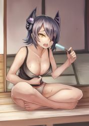 10s 1girl absurdres bare_shoulders barefoot black_tank_top breasts camisole cleavage collarbone covered_erect_nipples eyepatch food hair_ornament hair_over_one_eye headgear highres holding holding_food hot hrtyuk indian_style kantai_collection large_breasts no_bra open_mouth panties popsicle purple_hair short_hair sitting solo sweat tank_top tatami tenryuu_(kancolle) underwear underwear_only veranda white_panties yellow_eyes rating:Sensitive score:83 user:danbooru