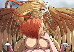 1boy 1girl anus bird_legs blonde_hair brown_feathers creatures_(company) feathered_wings feathers game_freak gen_1_pokemon harpy hetero highres kinkymation looking_back monster_girl nintendo orange_feathers penis personification pidgeot pokemon reverse_cowgirl_position sex sex_from_behind straddling sweatdrop tail talons uncensored vaginal winged_arms wings rating:Explicit score:137 user:danbooru