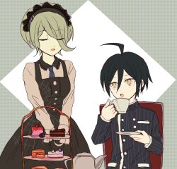 1boy 1girl ahoge argyle argyle_background black_collar black_dress black_gloves black_hair black_jacket black_sleeves blonde_hair blue_necktie breasts buttons cake cake_slice closed_eyes collar collared_jacket collared_shirt commentary_request cup danganronpa_(series) danganronpa_v3:_killing_harmony diamond_(shape) double-breasted dress drinking eyelashes eyes_visible_through_hair fingernails food frilled_shirt_collar frilled_sleeves frills gloves green_background grey_hairband hair_between_eyes hair_over_one_eye hairband hands_on_lap high_collar holding holding_cup holding_saucer ibara_(yumekui317) jacket lace-trimmed_hairband lace_trim layered_sleeves long_sleeves looking_at_another medium_breasts necktie o-ring on_chair open_mouth pinstripe_jacket pinstripe_pattern pocket saihara_shuichi saucer shirt short_hair simple_background sitting sleeveless sleeveless_dress slit_pupils smile spider_web_print teacup teapot teeth tojo_kirumi upper_teeth_only vertical-striped_sleeves white_shirt white_sleeves yellow_eyes