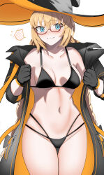  1girl absurdres aesc_(9th_anniversary)_(fate) aesc_(fate) bare_shoulders bikini black_bikini blonde_hair blue_eyes blush braid breasts cleavage collarbone commentary_request fate/grand_order fate_(series) glasses hat highleg highleg_bikini highres large_breasts long_hair long_sleeves looking_at_viewer off_shoulder official_alternate_costume ousesakuraki smile solo swimsuit thighs twin_braids witch_hat 