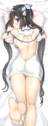  10s 1girl :t aldehyde ass back backboob backless_outfit bad_proportions bare_back barefoot black_hair blue_eyes breasts dress dungeon_ni_deai_wo_motomeru_no_wa_machigatteiru_darou_ka feet female_focus from_above from_behind hair_ornament hair_ribbon hestia_(danmachi) highres kneepits large_breasts leg_up legs long_hair looking_back lying hugging_object on_stomach panties pillow pillow_hug pout pussy_juice rei_no_himo ribbon short_dress shoulder_blades sideboob soles solo taut_clothes thigh_gap toenails toes twintails underwear very_long_hair white_dress white_panties  rating:Explicit score:101 user:danbooru