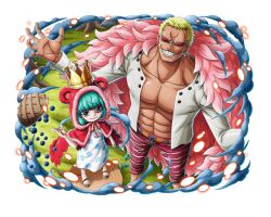  1boy 1girl abs animal_hood blonde_hair blue_eyes capri_pants cloak coat commentary crown donquixote_doflamingo dress earrings english_commentary feather_coat gold_crown green_hair hat hood hood_up hooded_cloak jewelry leg_hair long_sleeves looking_at_viewer medium_hair muscular muscular_male official_art one_piece one_piece_treasure_cruise open_mouth pants pectorals pink_coat pointed_crown polka_dot polka_dot_dress red_cloak shirt smile smirk sugar_(one_piece) sunglasses teeth white_dress white_shirt 
