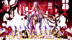  1girl absurdly_long_hair dress from_behind full_body gloves hairband ia_(vocaloid) long_hair open_mouth pink_hair profile puffy_sleeves purple_gloves red_eyes shiinoyuko shiny_clothes shoes short_sleeves solo standing very_long_hair vocaloid 