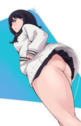 10s 1girl ass black_hair blue_background blue_eyes blush cafekun cardigan clothes_lift commentary dutch_angle embarrassed feet_out_of_frame from_below gradient_background gridman_universe hands_in_pockets highres hip_focus huge_ass long_hair long_sleeves looking_at_viewer looking_down microskirt miniskirt no_panties pleated_skirt school_uniform simple_background skirt solo ssss.gridman takarada_rikka thick_thighs thighs white_background wide_hips rating:Questionable score:145 user:danbooru