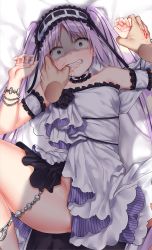  1boy 1girl absurdres anklet bare_shoulders bed_sheet blush bracelet breasts clenched_teeth command_spell crying crying_with_eyes_open detached_sleeves dress euryale_(fate) fate/hollow_ataraxia fate_(series) groin hairband hands_up headdress highres holding_own_arm jack_dempa jewelry lolita_hairband long_hair looking_at_viewer lying no_panties on_back open_mouth pov pov_hands purple_eyes purple_hair scared small_breasts spread_legs sweat tears teeth thighs twintails very_long_hair  rating:Questionable score:75 user:danbooru