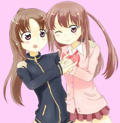  2girls atarashi_ako jacket long_sleeves multiple_girls naked_jacket saki_(manga) tagme takakamo_shizuno  rating:Questionable score:0 user:viola07