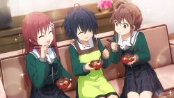  22/7 22/7_ongaku_no_jikan 3girls apron black_skirt blue_hair blurry bow bowl bowtie brown_eyes brown_hair brown_scrunchie carrot_slice chopsticks closed_eyes commentary couch depth_of_field dutch_angle eating flower food game_cg green_apron green_bow green_bowtie green_shirt hair_flower hair_ornament hair_scrunchie highres holding holding_bowl holding_chopsticks indoors lens_flare long_hair long_sleeves looking_at_another looking_at_food mochi mochi_trail multiple_girls mushroom non-web_source official_art on_couch open_mouth plaid plaid_skirt pleated_skirt red_hair sailor_collar sato_reika school_emblem school_uniform scrunchie serafuku shiitake shirt short_hair side_ponytail sidelocks sitting skirt smile sparkle straight_hair takigawa_miu teeth toda_jun upper_teeth_only wavy_hair white_flower white_sailor_collar zouni_soup 