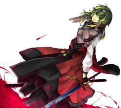  androgynous bad_id bad_pixiv_id blood gender_request green_hair light_smile long_hair mita original red_eyes solo sword weapon white_background 