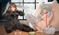  2girls animal_collar animal_ears bar_censor barefoot bdsm belt black_bodysuit blue_eyes bodysuit bondage bondage_outfit bone bound bowl breasts brown_hair cage cat_ears cat_girl censored character_name collar commentary_request covered_navel cum cum_in_bowl cum_in_container eunie_(xenoblade) fh_moya full_body grey_hair hair_between_eyes head_wings heart highres human_dog indoors leash long_hair medium_breasts medium_hair mio_(xenoblade) multiple_girls nipples nude open_mouth pet_bowl pet_play pillow pussy restrained sitting skin_tight translation_request wariza watermark wings xenoblade_chronicles_(series) xenoblade_chronicles_3 
