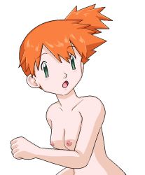  1girl blush breasts clenched_hand collarbone creatures_(company) female_focus game_freak green_eyes hand_up hisafumi jaggy_lines looking_at_viewer misty_(pokemon) nintendo nipples nude open_mouth orange_hair pokemon pokemon_(anime) pokemon_(classic_anime) short_hair side_ponytail simple_background small_breasts solo upper_body white_background 