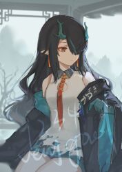  1girl absurdres aqua_hair aqua_jacket arknights bare_shoulders black_hair black_jacket china_dress chinese_clothes chinese_commentary closed_mouth collared_dress commentary_request cowboy_shot dragon_girl dragon_horns dress dusk_(arknights) hair_over_one_eye highres horns jacket long_hair long_sleeves looking_down multicolored_hair necktie off_shoulder one_eye_covered open_clothes open_jacket orange_eyes red_necktie short_dress sitting sleeveless sleeveless_dress solo sparklings_(1234_hen_hao_chi) streaked_hair watermark wide_sleeves 