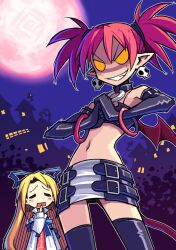  2girls blonde_hair closed_eyes cracking_knuckles crop_top disgaea dress earrings elbow_gloves etna_(disgaea) fang flat_chest flonne full_moon gloves grin highres jewelry long_hair looking_at_viewer miniskirt moon multiple_girls navel outdoors pointy_ears red_hair short_hair short_twintails skirt skull_earrings smile spdcooler teeth thighhighs twintails zettai_ryouiki 