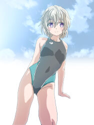  1girl blue_sky cloud collarbone commentary_request competition_swimsuit covered_navel grey_hair grey_one-piece_swimsuit hair_between_eyes hal-py high_school_fleet leaning_to_the_side one-piece_swimsuit purple_eyes short_hair sky smile solo standing swimsuit tateishi_shima two-tone_swimsuit 