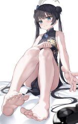 1girl absurdres bare_legs barefoot black_footwear black_hair blue_archive blue_eyes blush breasts china_dress chinese_clothes closed_mouth double_bun dragon_print dress feet grey_halo hair_bun halo highres kisaki_(blue_archive) kurone_(kurone_ryuo) legs long_hair looking_at_viewer print_dress shoes unworn_shoes simple_background sitting sleeveless sleeveless_dress small_breasts toenails toes twintails white_background rating:Sensitive score:41 user:danbooru