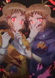 2girls among_us blood blood_on_clothes blood_on_face blush breasts brown_hair crazy crewmate_(among_us) dual_persona evil_smile gloves hair_ornament hairclip hand_on_own_face highres holding holding_knife holding_weapon knife looking_at_viewer medium_breasts multiple_girls murder red_eyes senki_zesshou_symphogear senki_zesshou_symphogear_xd_unlimited short_hair smile tachibana_hibiki_(symphogear) violence weapon yandere yukitsuba_hina  rating:Sensitive score:21 user:danbooru