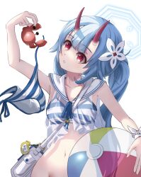 1girl animal arm_up armpits bag bag_charm ball beachball bikini blue_archive blue_hair bottomless breasts charm_(object) chise_(blue_archive) chise_(swimsuit)_(blue_archive) cleavage collarbone commentary_request confused crab facing_away female_focus groin hair_between_eyes hair_ornament halo head_tilt highres holding holding_animal holding_ball holding_beachball horns loli long_hair looking_away looking_up medium_breasts name_tag navel official_alternate_costume oni_horns parted_lips red_eyes sailor_collar see-through_camisole shijima_(shijima_tc) shoulder_bag side-tie_bikini_bottom side_ponytail sidelocks simple_background sleeveless solo stomach striped_bikini striped_clothes swimsuit unworn_bikini_bottom white_background rating:Questionable score:18 user:danbooru