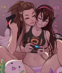  2girls breasts brigitte_(overwatch) brown_hair character_doll chibi chibi_inset commentary controller cosplay costume_switch crop_top d.va_(overwatch) dualshock english_commentary closed_eyes forehead freckles game_console game_controller gamepad grin hair_ornament hairclip head_on_another&#039;s_shoulder headphones hug hug_from_behind light_brown_hair lips long_hair multiple_girls navel no_pants overwatch pachimari panties playstation_4 playstation_controller ponytail reaper_(overwatch) sidelocks sitting small_breasts smile striped striped_panties stuffed_animal stuffed_rabbit stuffed_toy tank_top underwear vashperado whisker_markings yuri  rating:Sensitive score:52 user:danbooru