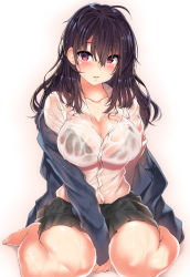 1girl barefoot black_hair black_skirt blouse blue_jacket blush bra_visible_through_clothes breasts cleavage collarbone collared_shirt dress_shirt highres jacket kawai_(purplrpouni) large_breasts long_hair long_sleeves looking_at_viewer off_shoulder open_clothes open_jacket original parted_lips pleated_skirt purple_eyes school_uniform see-through shirt simple_background sitting skirt solo thighs uniform wariza wet wet_clothes wet_shirt white_background white_shirt rating:Sensitive score:24 user:danbooru