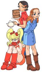  3girls arms_behind_back blonde_hair blue_eyes brown_hair capcom chinese_clothes effie_(street_fighter) hair_ornament hairclip houmei_(street_fighter) knees_to_chest long_hair lowres multiple_girls official_art orange_hair patricia_(street_fighter) raincoat short_hair street_fighter street_fighter_iii_(series) teapot twintails 