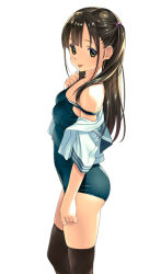  1girl :p ass bare_arms bare_legs bare_shoulders black_hair black_thighhighs blue_one-piece_swimsuit from_side green_eyes hair_tie koutaro long_hair looking_at_viewer looking_to_the_side one-piece_swimsuit original school_swimsuit school_uniform standing swimsuit thighhighs thighs tongue tongue_out white_background  rating:Sensitive score:28 user:KZcheese