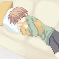  1boy bike_shorts brown_hair child couch closed_eyes lowres male_focus sleeping solo  rating:Sensitive score:7 user:YouRock