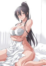 1girl bed black_hair breasts cleavage curvy dog_tags highres idolmaster idolmaster_shiny_colors jewelry large_breasts necklace ozaneko ponytail bed_sheet shirase_sakuya sitting smile solo sunlight sweat thighs wariza yellow_eyes rating:Questionable score:30 user:Demiourgos