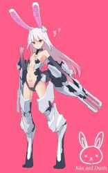 1girl :3 animal_ears armor armpits breasts chain collar elbow_gloves floating_hair full_body gloves gradient_gloves heart highres long_hair looking_at_viewer makadamixa mecha_musume mechanical_legs mechanical_parts middle_finger original pink_background pink_eyes pubic_tattoo rabbit_ears small_breasts solo tattoo very_long_hair weapon whistle white_hair x_x rating:Sensitive score:9 user:danbooru