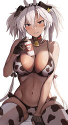  1girl absurdres animal_collar animal_ears animal_print bell bikini black_gloves bottle breasts collar commentary_request cow_ears cow_horns cow_print cow_print_bikini cow_print_thighhighs cowbell dark-skinned_female dark_skin fake_animal_ears fake_horns gloves grey_hair hair_between_eyes half_gloves highres horns kantai_collection large_breasts long_hair looking_at_viewer low_twintails milk_bottle musashi_(kancolle) navel parted_lips print_bikini print_thighhighs red_eyes semi-rimless_eyewear smile solo swimsuit thighhighs twintails two_side_up white_background yunamaro 
