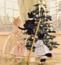  animal animal_focus black_cat black_dress bloomers blue_dress bow box candle cat christmas christmas_ornaments christmas_tree clothed_animal collared_dress commentary curtains day dress english_commentary frilled_dress frills highres indoors layered_sleeves long_sleeves no_humans office_lady original pink_dress puffy_short_sleeves puffy_sleeves ribbon shadow short_dress short_over_long_sleeves short_sleeves standing tono_(rt0no) tree underwear white_bloomers white_bow white_dress window yellow_ribbon 