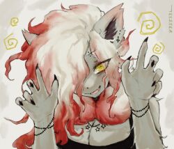  1girl artist_name body_fur bracelet breasts claw_pose claws cleavage creatures_(company) cross cross_earrings earrings eyebrow_piercing fang furry furry_female game_freak gradient_hair grey_background grey_fur hair_over_one_eye hands_up highres hisuian_zoroark jewelry long_hair looking_at_viewer medium_breasts multicolored_hair nintendo open_mouth piercing pokemon red_hair skin_fang solo swirl upper_body v3ss33l white_hair yellow_eyes 