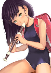  1girl absurdres backpack bag black_hair black_one-piece_swimsuit breasts commentary_request cowboy_shot flute green_eyes highres holding holding_flute holding_instrument instrument jishimaru loli long_hair looking_at_viewer music one-piece_swimsuit original paid_reward_available playing_instrument randoseru recorder school_swimsuit simple_background small_breasts solo swimsuit tan tanline white_background  rating:Sensitive score:44 user:danbooru