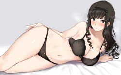 1girl amagami arm_support bed_sheet black_bra black_eyes black_hair black_panties blush bra breasts cleavage collarbone commentary curly_hair drill_hair grey_background hairband hand_on_own_thigh lace large_breasts long_hair looking_at_viewer lying mobu morishima_haruka navel on_side panties parted_lips solo thighs underwear underwear_only rating:Sensitive score:39 user:danbooru