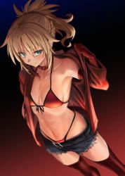  1girl absurdres bikini black_thighhighs blonde_hair blue_eyes blush braid breasts choker closed_mouth commentary_request cutoffs denim denim_shorts fate/apocrypha fate/grand_order fate_(series) french_braid gloves highleg highleg_bikini highres jacket long_hair looking_at_viewer medium_breasts mordred_(fate) mordred_(fate/apocrypha) mordred_(memories_at_trifas)_(fate) mordred_(swimsuit_rider)_(first_ascension)_(fate) navel open_clothes open_jacket red_bikini shiny_skin shorts solo standing swimsuit thighhighs ulrich_(tagaragakuin)  rating:Sensitive score:66 user:danbooru
