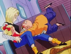  android_18 blue_jeans clothed_female_clothed_male dragonball_z muten_roushi orange_socks shoes sitting socks surprised  rating:General score:9 user:Eigus12