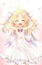 10s 1girl :d ahoge blonde_hair charlotte_izoard dress closed_eyes facing_viewer highres jewelry long_hair open_mouth outstretched_arms petals ring ryuuou_no_oshigoto! smile solo two_side_up white_dress yuitsuki1206 rating:Sensitive score:17 user:danbooru