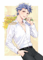  1boy belt belt_buckle black_belt black_pants bouquet buckle character_name collared_shirt cowboy_shot dated flower grey_hair hand_in_pocket happy_birthday highres holding holding_bouquet jewelry krudears long_sleeves looking_at_viewer male_focus necklace open_mouth pants red_eyes shirt shitara_seiji short_hair smile solo tokimeki_memorial tokimeki_memorial_girl&#039;s_side_3rd_story wavy_hair white_shirt yellow_flower 